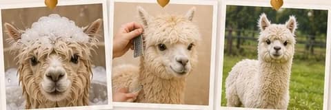 Alpaca antes, durante e depois do banho