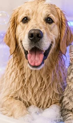 Golden retriever no banho com água ozonizada