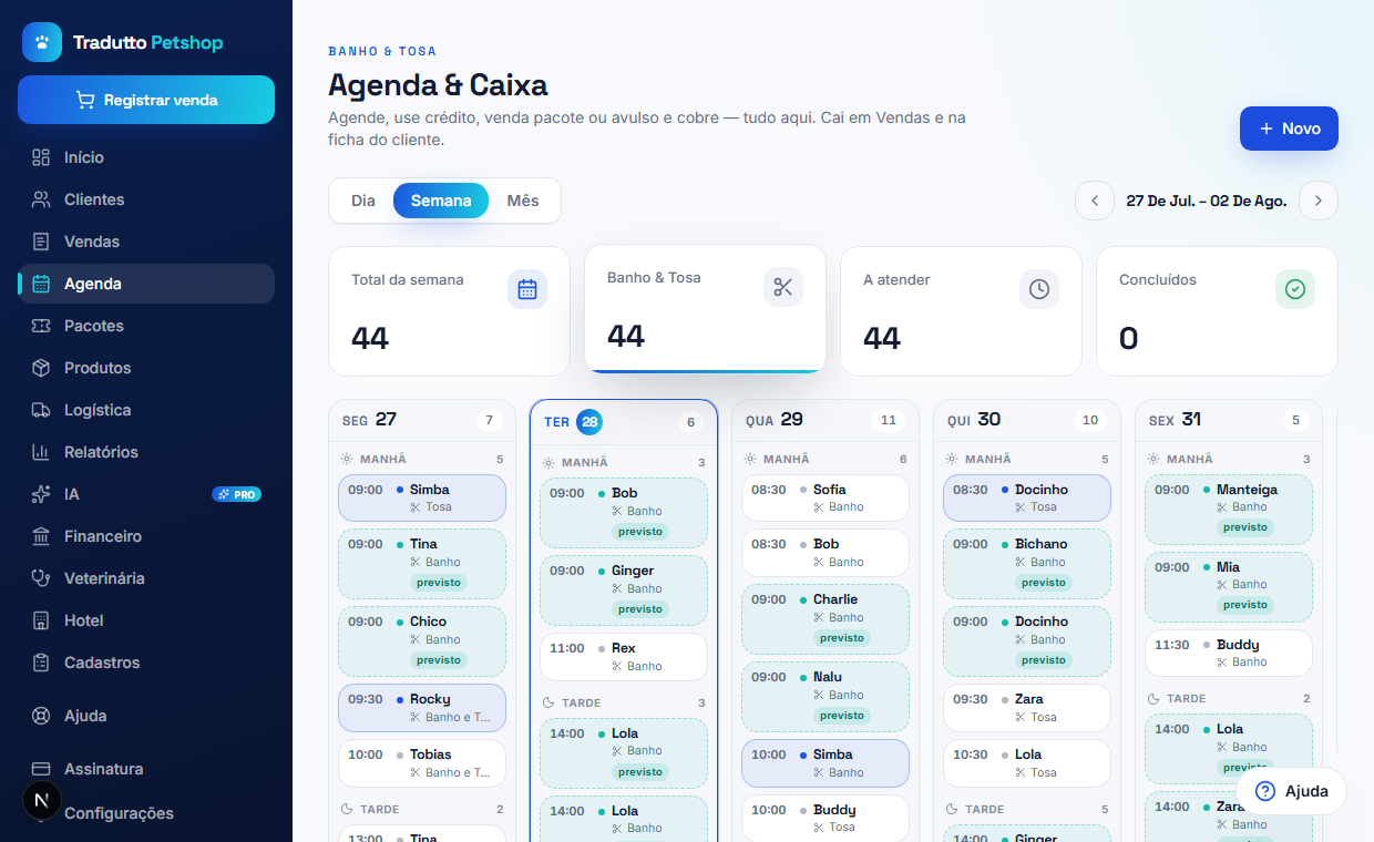 Agenda semanal de banho e tosa