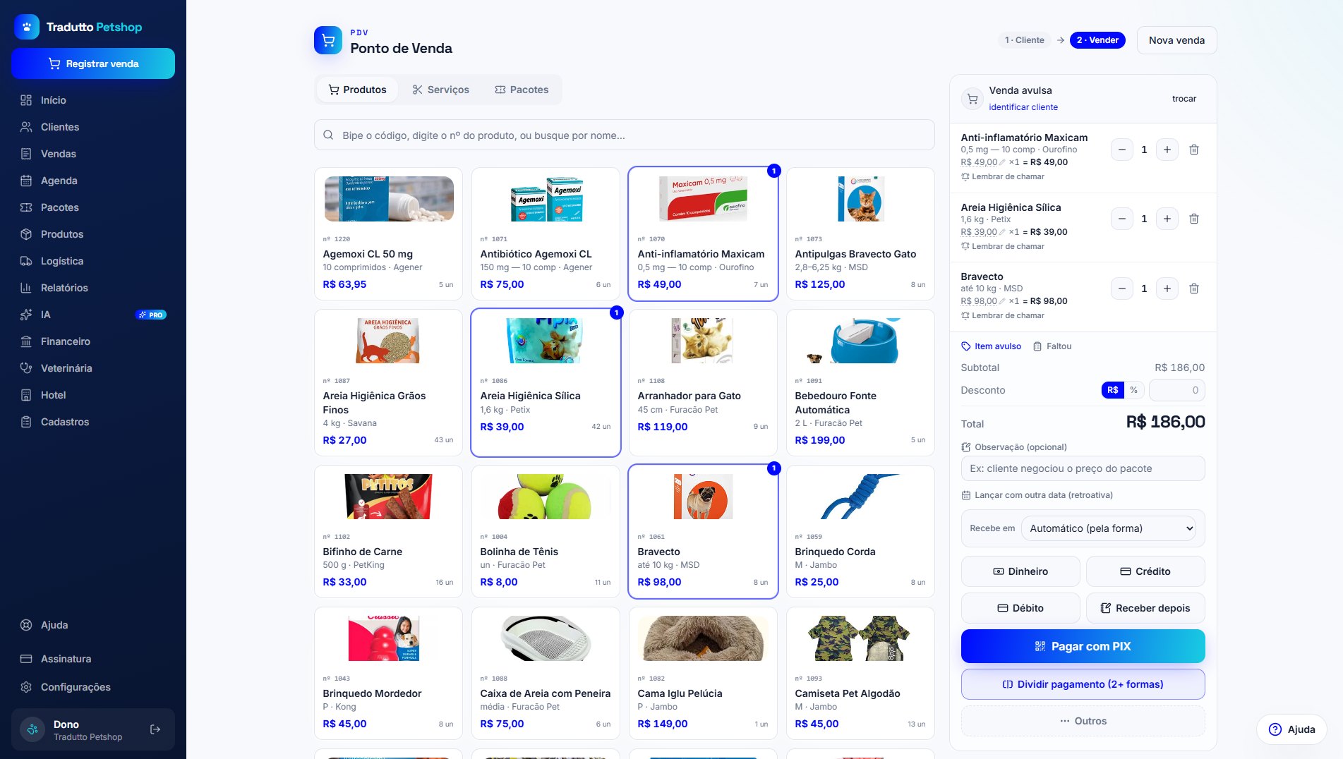 PDV com produtos e carrinho